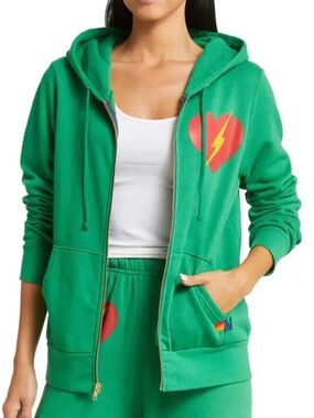 Aviator Nation Green Zip Hoodie with Red Heart & Yellow Lightning